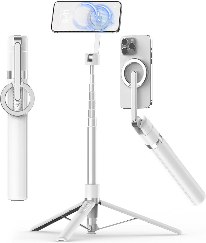 TONEOF حامل ثلاثي القوائم مع عصا سيلفي مغناطيسية بطول 68 بوصة مع حامل مغناطيسي قوي من الألمنيوم لماغسيف، حامل هاتف للسفر قابل للدوران 360° مع حلقة معدنية وجهاز تحكم عن بعد قابل لإعادة الشحن لهواتف آيفون/أندرويد (أبيض) - Image 1